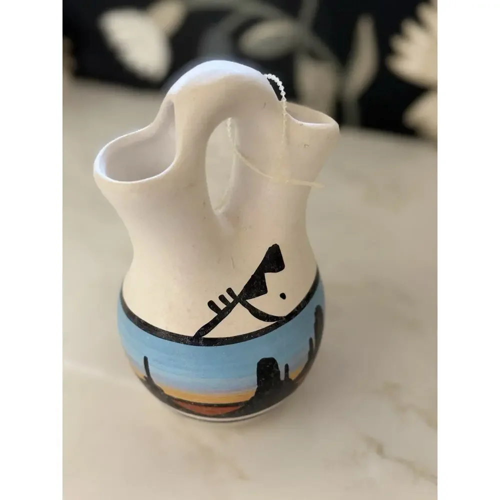 Navajo Native American Painted Pottery Wedding Vase Signed 5.5 Tall Desert Cactu